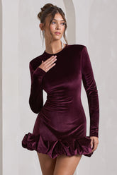 Port Velvet Long-Sleeved Ruffled Mini Dress